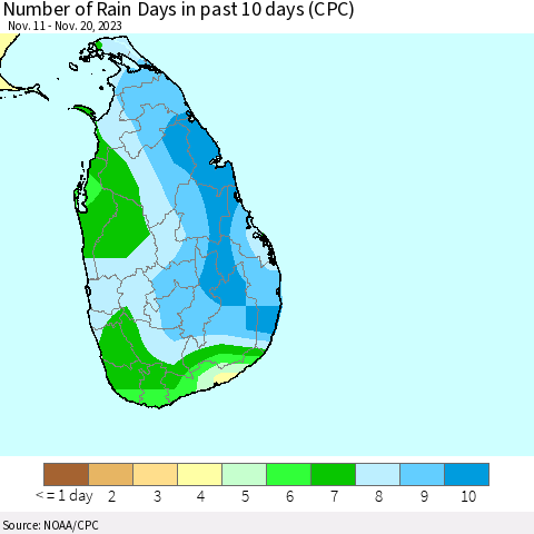 Sri Lanka Number of Rain Days in past 10 days (CPC) Thematic Map For 11/16/2023 - 11/20/2023