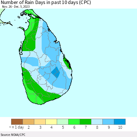 Sri Lanka Number of Rain Days in past 10 days (CPC) Thematic Map For 12/1/2023 - 12/5/2023