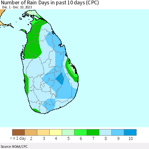 Sri Lanka Number of Rain Days in past 10 days (CPC) Thematic Map For 12/6/2023 - 12/10/2023