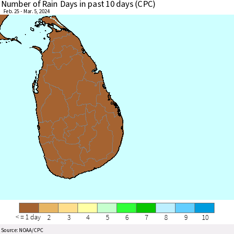 Sri Lanka Number of Rain Days in past 10 days (CPC) Thematic Map For 3/1/2024 - 3/5/2024