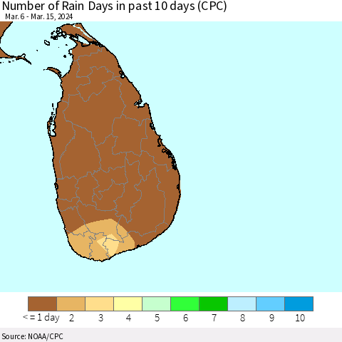 Sri Lanka Number of Rain Days in past 10 days (CPC) Thematic Map For 3/11/2024 - 3/15/2024