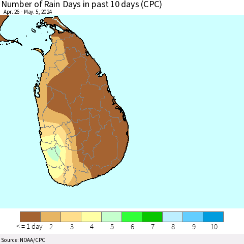 Sri Lanka Number of Rain Days in past 10 days (CPC) Thematic Map For 5/1/2024 - 5/5/2024