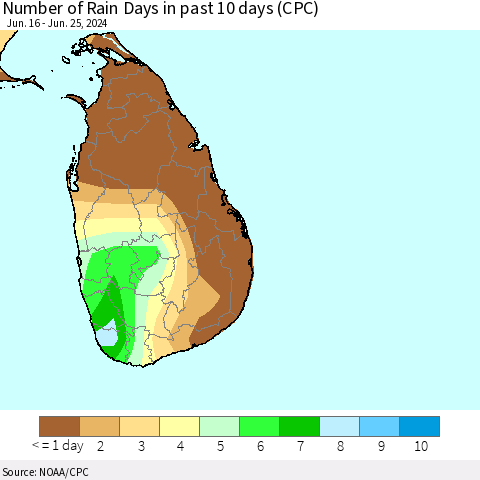 Sri Lanka Number of Rain Days in past 10 days (CPC) Thematic Map For 6/21/2024 - 6/25/2024