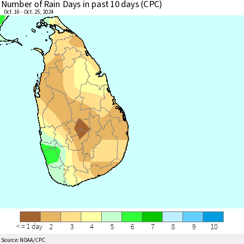 Sri Lanka Number of Rain Days in past 10 days (CPC) Thematic Map For 10/21/2024 - 10/25/2024