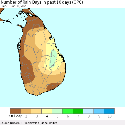 Sri Lanka Number of Rain Days in past 10 days (CPC) Thematic Map For 1/6/2025 - 1/10/2025