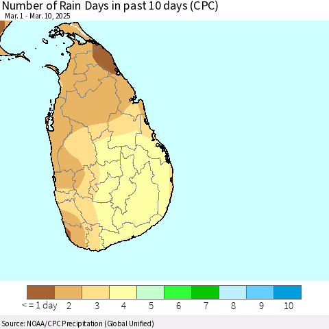 Sri Lanka Number of Rain Days in past 10 days (CPC) Thematic Map For 3/6/2025 - 3/10/2025