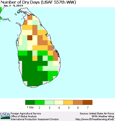 Sri Lanka Number of Dry Days (USAF 557th WW) Thematic Map For 6/3/2019 - 6/9/2019
