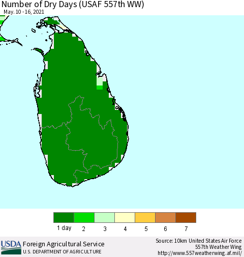 Sri Lanka Number of Dry Days (USAF 557th WW) Thematic Map For 5/10/2021 - 5/16/2021