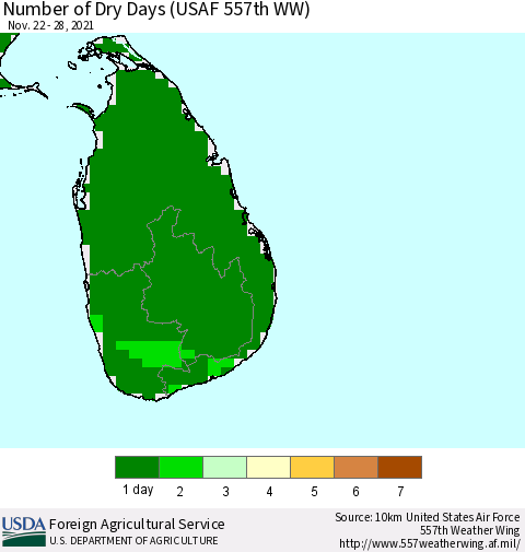 Sri Lanka Number of Dry Days (USAF 557th WW) Thematic Map For 11/22/2021 - 11/28/2021