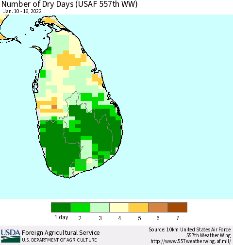 Sri Lanka Number of Dry Days (USAF 557th WW) Thematic Map For 1/10/2022 - 1/16/2022