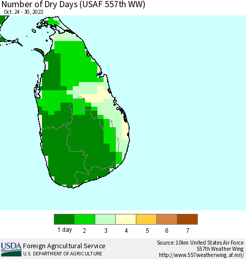 Sri Lanka Number of Dry Days (USAF 557th WW) Thematic Map For 10/24/2022 - 10/30/2022