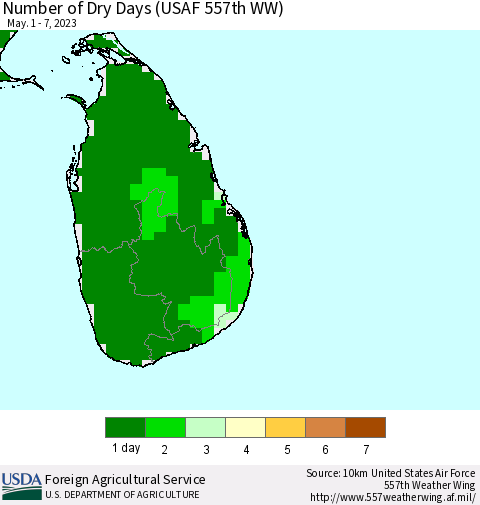 Sri Lanka Number of Dry Days (USAF 557th WW) Thematic Map For 5/1/2023 - 5/7/2023
