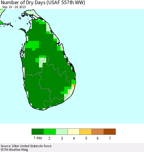 Sri Lanka Number of Dry Days (USAF 557th WW) Thematic Map For 9/18/2023 - 9/24/2023