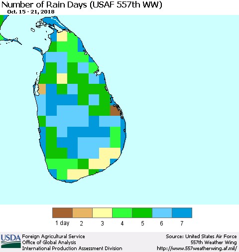 Sri Lanka Number of Rain Days (USAF 557th WW) Thematic Map For 10/15/2018 - 10/21/2018