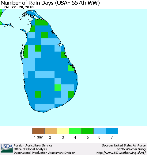 Sri Lanka Number of Rain Days (USAF 557th WW) Thematic Map For 10/22/2018 - 10/28/2018