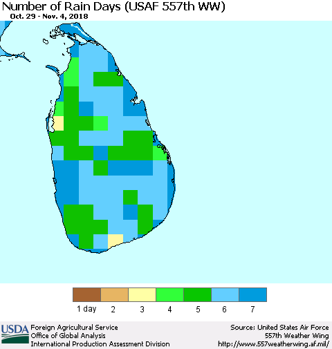 Sri Lanka Number of Rain Days (USAF 557th WW) Thematic Map For 10/29/2018 - 11/4/2018