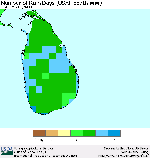 Sri Lanka Number of Rain Days (USAF 557th WW) Thematic Map For 11/5/2018 - 11/11/2018