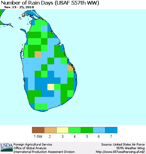 Sri Lanka Number of Rain Days (USAF 557th WW) Thematic Map For 11/19/2018 - 11/25/2018