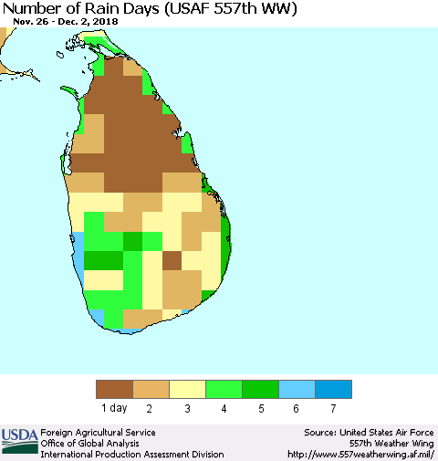 Sri Lanka Number of Rain Days (USAF 557th WW) Thematic Map For 11/26/2018 - 12/2/2018