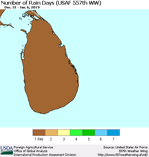 Sri Lanka Number of Rain Days (USAF 557th WW) Thematic Map For 12/31/2018 - 1/6/2019