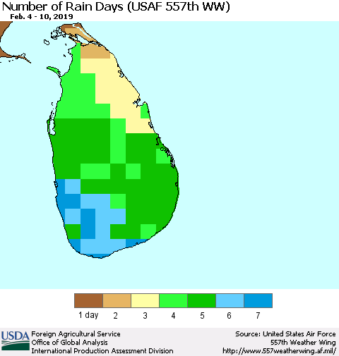 Sri Lanka Number of Rain Days (USAF 557th WW) Thematic Map For 2/4/2019 - 2/10/2019