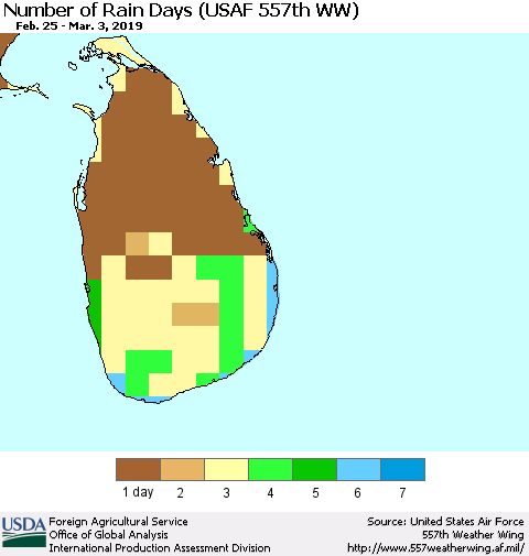 Sri Lanka Number of Rain Days (USAF 557th WW) Thematic Map For 2/25/2019 - 3/3/2019