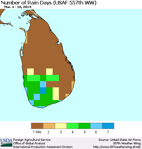 Sri Lanka Number of Rain Days (USAF 557th WW) Thematic Map For 3/4/2019 - 3/10/2019
