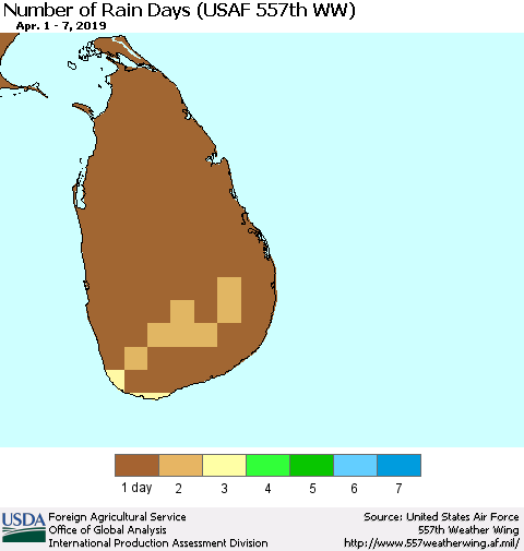 Sri Lanka Number of Rain Days (USAF 557th WW) Thematic Map For 4/1/2019 - 4/7/2019
