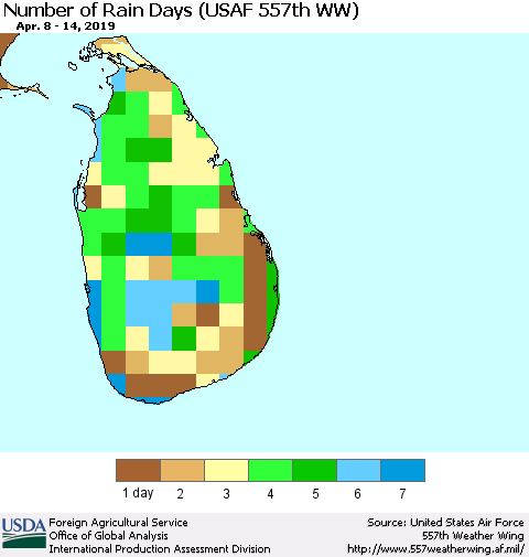 Sri Lanka Number of Rain Days (USAF 557th WW) Thematic Map For 4/8/2019 - 4/14/2019