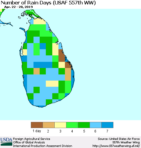 Sri Lanka Number of Rain Days (USAF 557th WW) Thematic Map For 4/22/2019 - 4/28/2019