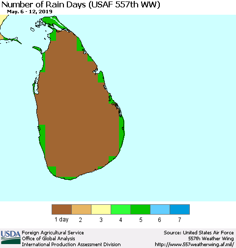 Sri Lanka Number of Rain Days (USAF 557th WW) Thematic Map For 5/6/2019 - 5/12/2019