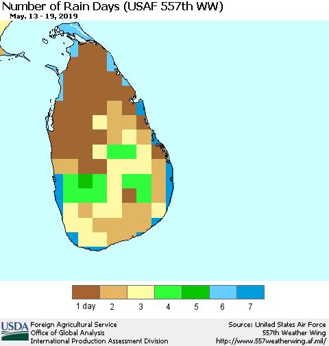 Sri Lanka Number of Rain Days (USAF 557th WW) Thematic Map For 5/13/2019 - 5/19/2019