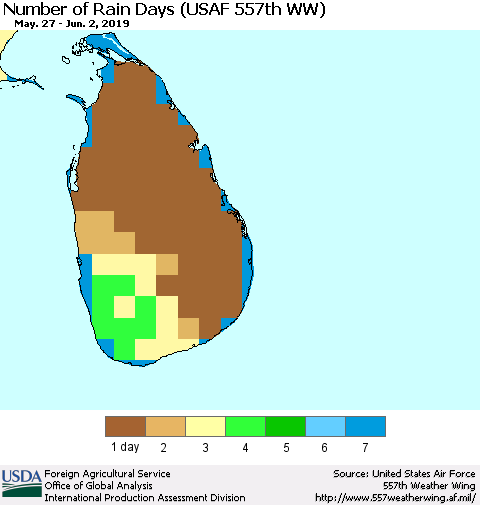 Sri Lanka Number of Rain Days (USAF 557th WW) Thematic Map For 5/27/2019 - 6/2/2019