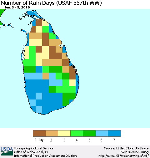Sri Lanka Number of Rain Days (USAF 557th WW) Thematic Map For 6/3/2019 - 6/9/2019