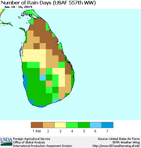 Sri Lanka Number of Rain Days (USAF 557th WW) Thematic Map For 6/10/2019 - 6/16/2019