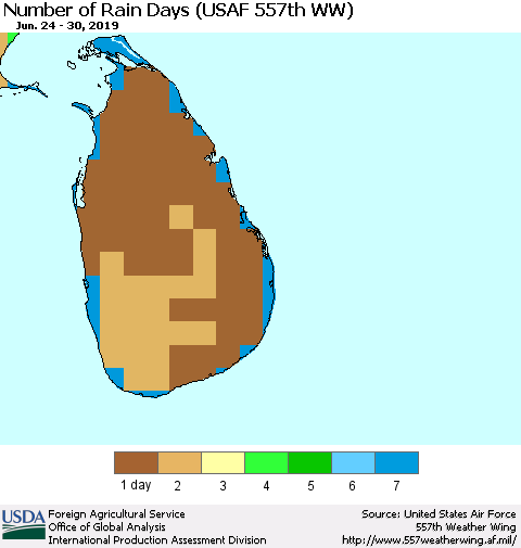 Sri Lanka Number of Rain Days (USAF 557th WW) Thematic Map For 6/24/2019 - 6/30/2019