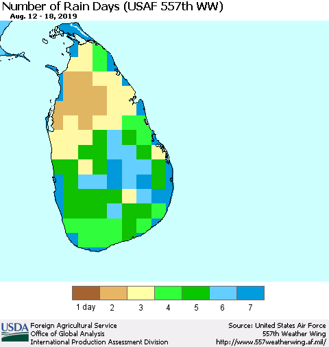 Sri Lanka Number of Rain Days (USAF 557th WW) Thematic Map For 8/12/2019 - 8/18/2019