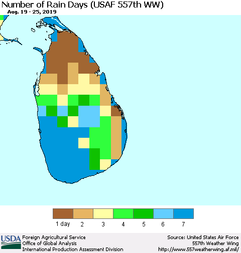 Sri Lanka Number of Rain Days (USAF 557th WW) Thematic Map For 8/19/2019 - 8/25/2019