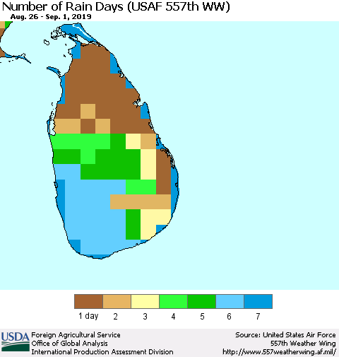 Sri Lanka Number of Rain Days (USAF 557th WW) Thematic Map For 8/26/2019 - 9/1/2019