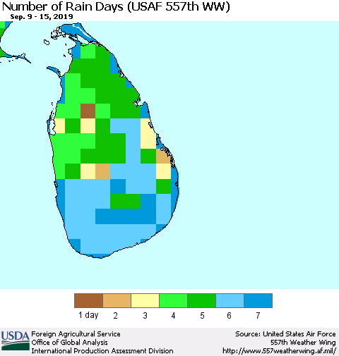 Sri Lanka Number of Rain Days (USAF 557th WW) Thematic Map For 9/9/2019 - 9/15/2019
