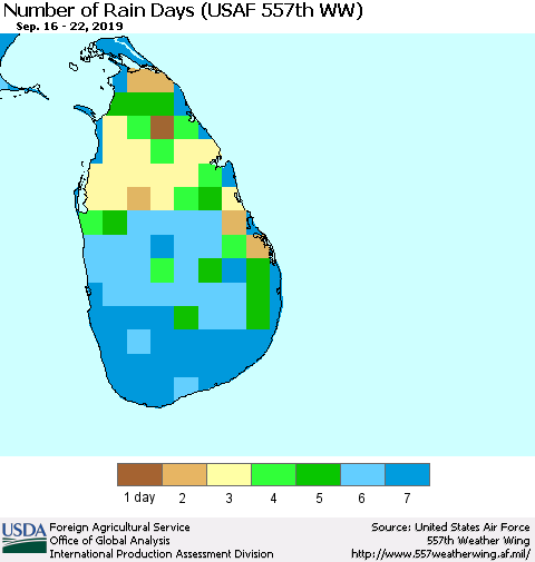 Sri Lanka Number of Rain Days (USAF 557th WW) Thematic Map For 9/16/2019 - 9/22/2019