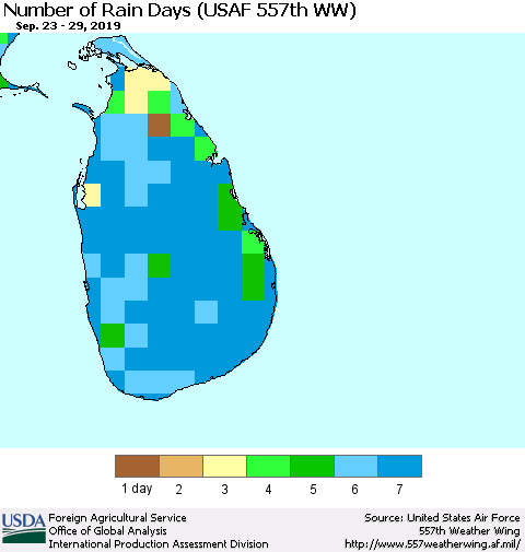 Sri Lanka Number of Rain Days (USAF 557th WW) Thematic Map For 9/23/2019 - 9/29/2019