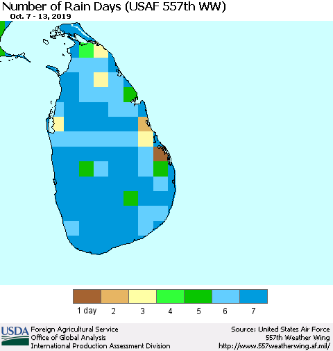 Sri Lanka Number of Rain Days (USAF 557th WW) Thematic Map For 10/7/2019 - 10/13/2019