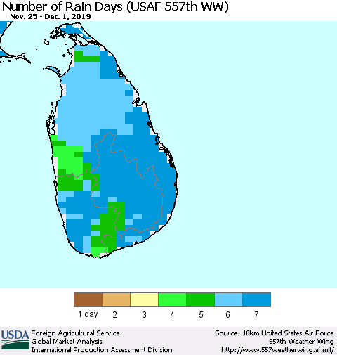 Sri Lanka Number of Rain Days (USAF 557th WW) Thematic Map For 11/25/2019 - 12/1/2019