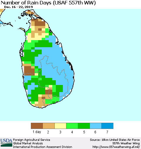 Sri Lanka Number of Rain Days (USAF 557th WW) Thematic Map For 12/16/2019 - 12/22/2019