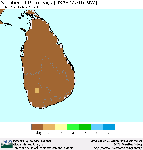 Sri Lanka Number of Rain Days (USAF 557th WW) Thematic Map For 1/27/2020 - 2/2/2020