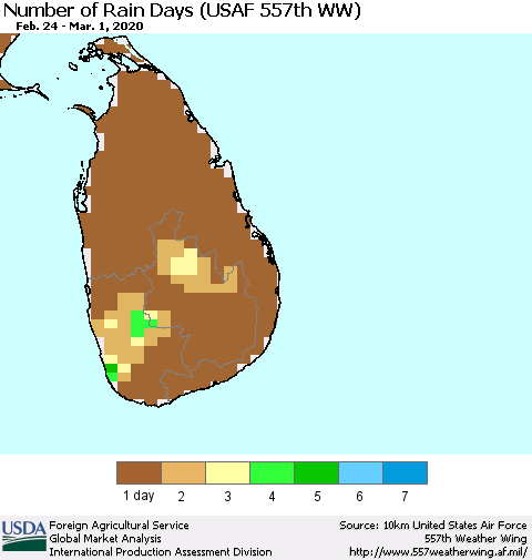 Sri Lanka Number of Rain Days (USAF 557th WW) Thematic Map For 2/24/2020 - 3/1/2020