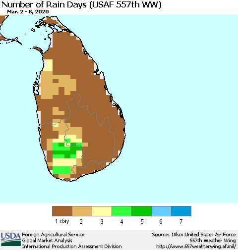 Sri Lanka Number of Rain Days (USAF 557th WW) Thematic Map For 3/2/2020 - 3/8/2020