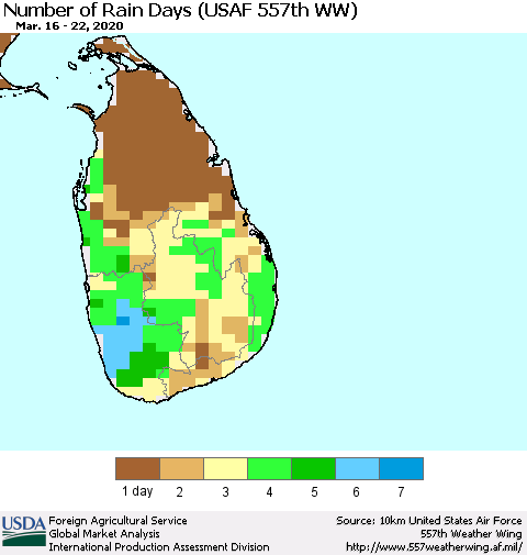 Sri Lanka Number of Rain Days (USAF 557th WW) Thematic Map For 3/16/2020 - 3/22/2020