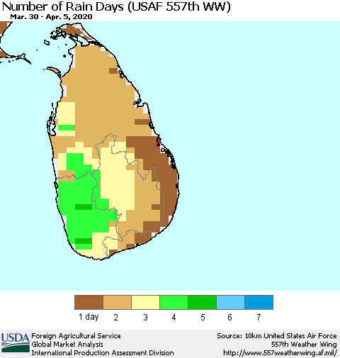 Sri Lanka Number of Rain Days (USAF 557th WW) Thematic Map For 3/30/2020 - 4/5/2020